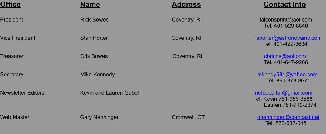 Office                   		Name                        			Address                               Contact Info  President					Rick Bowes						Coventry, RI					     falconsprint@aol.com Tel. 401-529-8840  Vice President				Stan Porter  		                              Coventry, RI					   sporter@astronovainc.com  Tel. 401-429-3634  Treasurer					Cris Bowes		        		        Coventry, RI					        cbricris@aol.com Tel. 401-647-9266  Secretary					Mike Kennedy 							   				           mknndy581@yahoo.com   Tel. 860-373-8671  Newsletter Editors	Kevin and Lauren Gabel									            nefcaeditor@gmail.com  Tel. Kevin 781-956-3588         Lauren 781-710-2374  Web Master			               Gary Nenninger					Cromwell, CT				           gnenninger@comcast.net  Tel. 860-632-0451