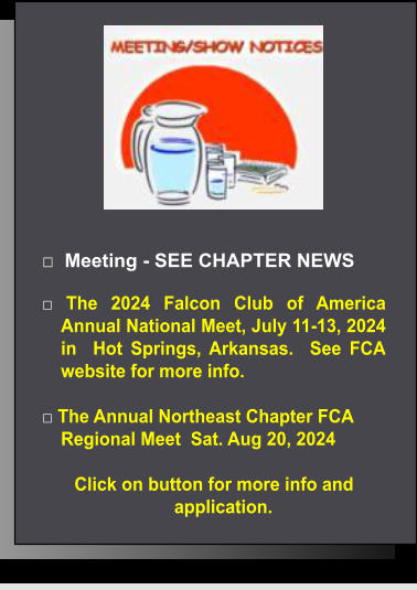 □  Meeting - SEE CHAPTER NEWS  □ The 2024 Falcon Club of America Annual National Meet, July 11-13, 2024 in  Hot Springs, Arkansas.  See FCA website for more info.  □ The Annual Northeast Chapter FCA  Regional Meet  Sat. Aug 20, 2024  Click on button for more info and application.