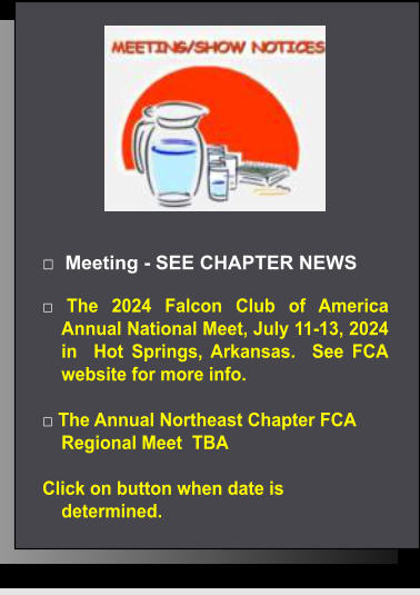 □  Meeting - SEE CHAPTER NEWS  □ The 2024 Falcon Club of America Annual National Meet, July 11-13, 2024 in  Hot Springs, Arkansas.  See FCA website for more info.  □ The Annual Northeast Chapter FCA  Regional Meet  TBA  Click on button when date is determined.