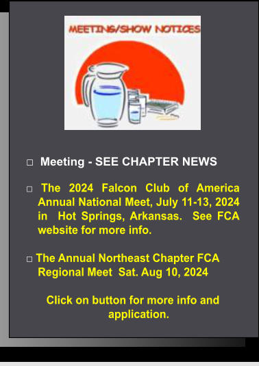 □  Meeting - SEE CHAPTER NEWS  □ The 2024 Falcon Club of America Annual National Meet, July 11-13, 2024 in  Hot Springs, Arkansas.  See FCA website for more info.  □ The Annual Northeast Chapter FCA  Regional Meet  Sat. Aug 10, 2024  Click on button for more info and application.